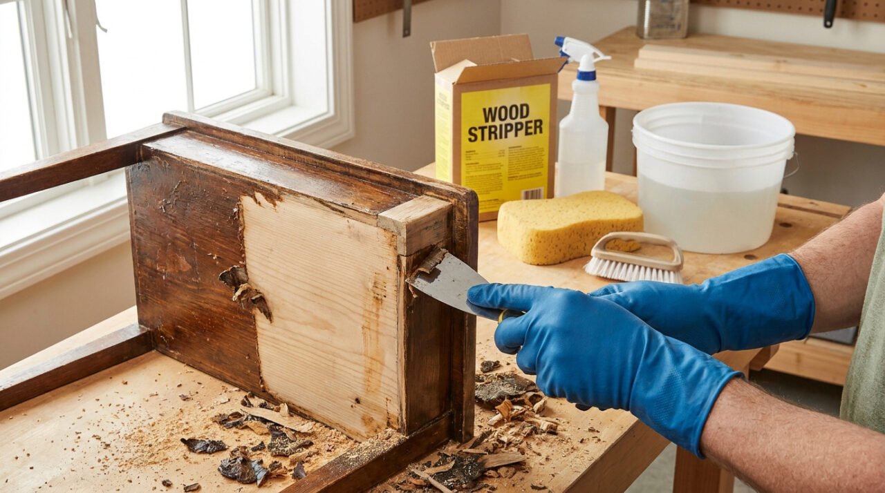 Personne décapant un meuble en bois. Le vernis est retiré avec un grattoir, révélant le bois clair. Produits de décapage en arrière-plan.