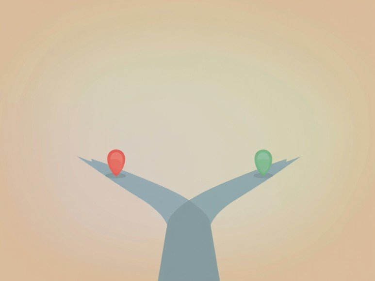 Une route partagée avec deux branches, l'une marquée par une épingle de localisation rouge et l'autre par une épingle de localisation verte, sur un fond beige neutre.