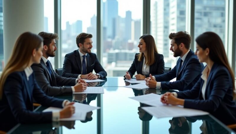 Six professionnels en tenue de travail sont assis autour d'une table de réunion en verre dans un bureau situé dans un gratte-ciel ; ils participent à une réunion, des documents posés devant eux, tandis que l'on aperçoit les immeubles de la ville à travers la vitre.