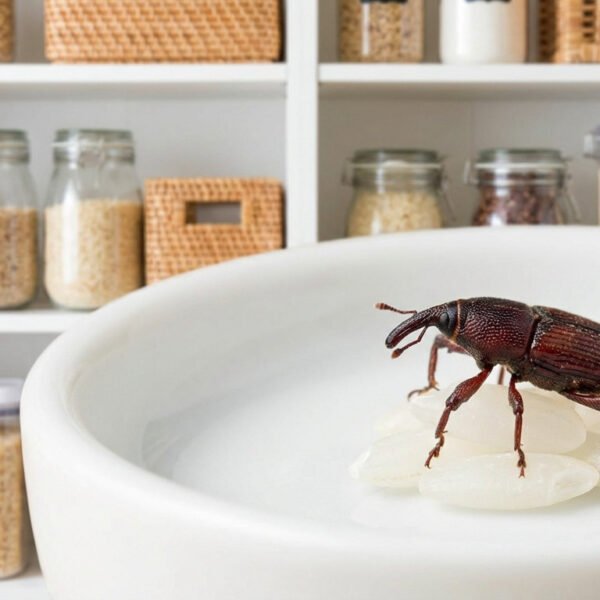 A rice weevil perched on white rice grains in sharp focus, with a blurred background of a clean, organized pantry shelf and sealed containers.