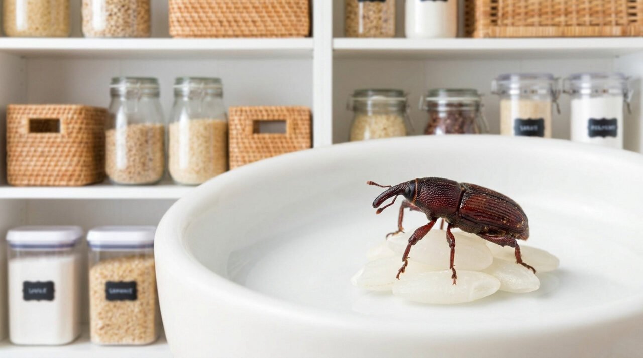 A rice weevil perched on white rice grains in sharp focus, with a blurred background of a clean, organized pantry shelf and sealed containers.