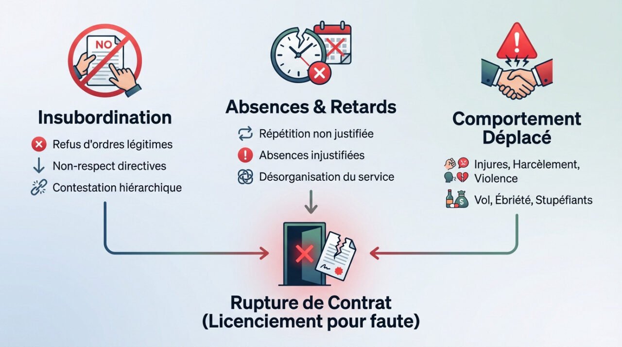 Illustration des risques de rupture de contrat pour faute grave comme l'insubordination ou le vol