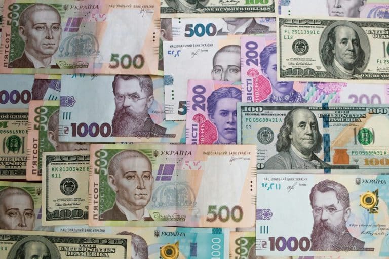 Un collage de différentes dénominations de billets de banque en hryvnia ukrainienne et en dollars américains.