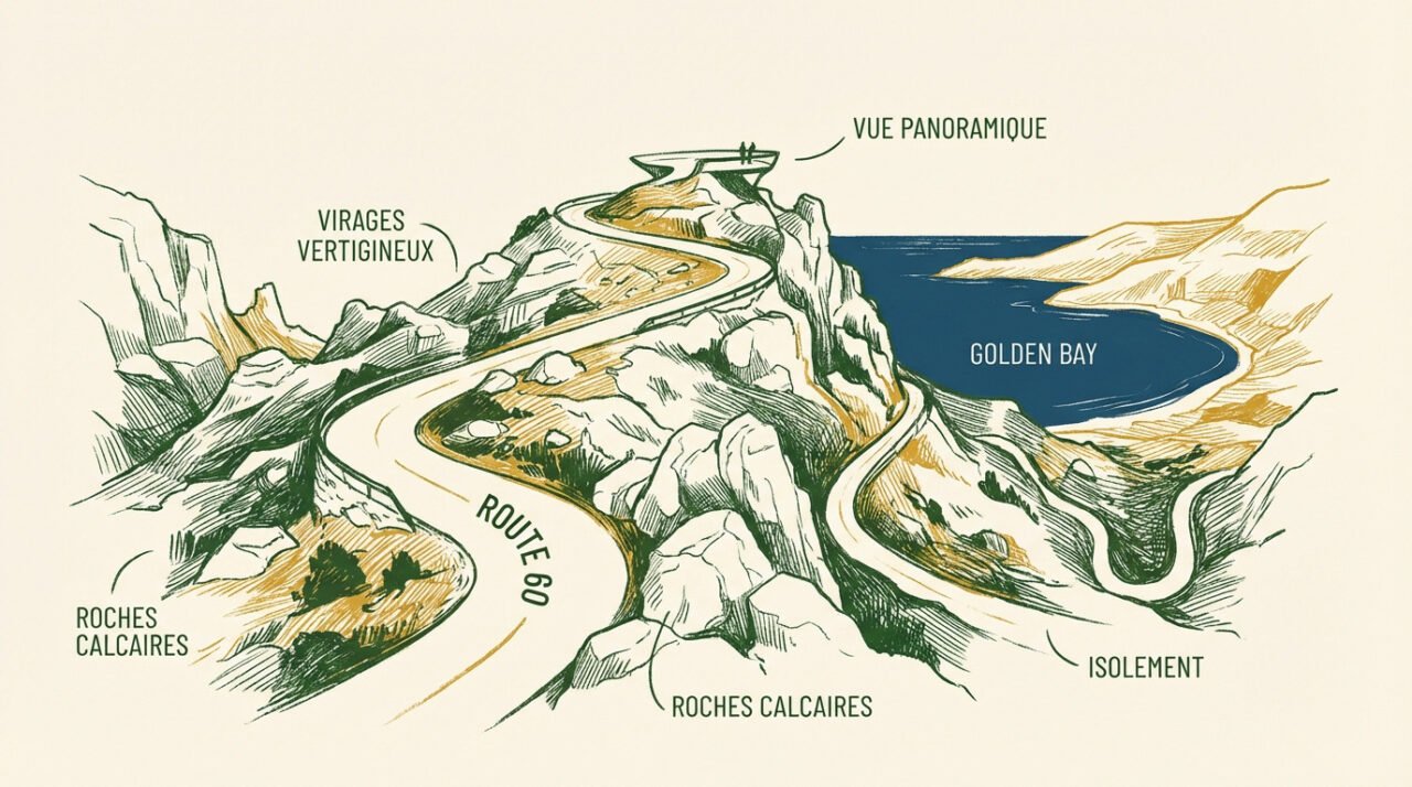 Vue panoramique depuis la route 60 surplombant l'immensité de Golden Bay en Nouvelle-Zélande
