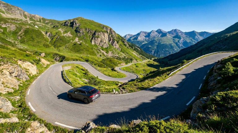 Une voiture sombre roule sur une route de montagne sinueuse et étroite, entourée de majestueuses pentes vertes sous un ciel bleu éclatant.