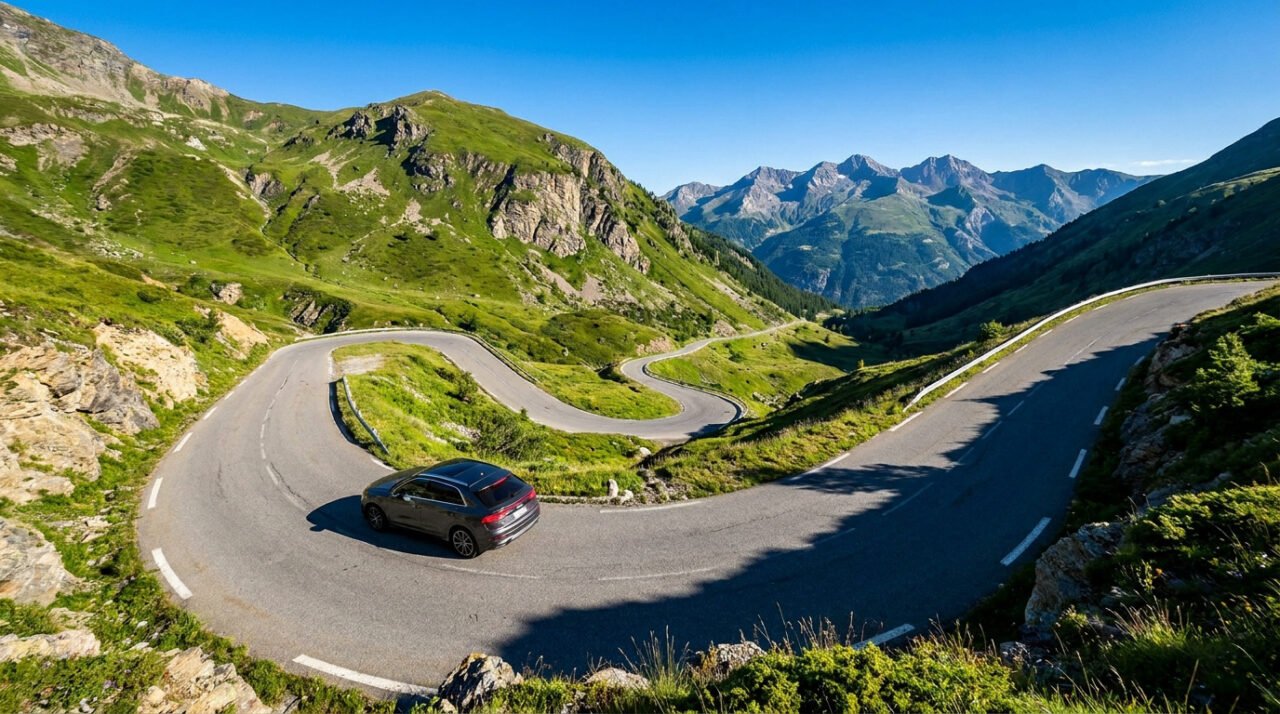 Une voiture sombre roule sur une route de montagne sinueuse et étroite, entourée de majestueuses pentes vertes sous un ciel bleu éclatant.