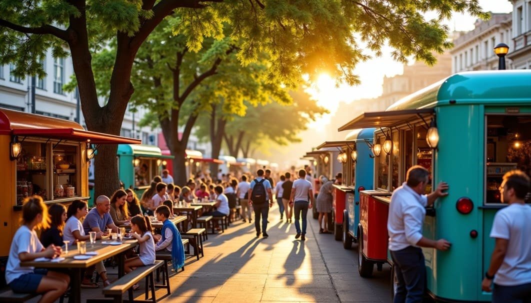 En début de soirée, les gens s'installent aux tables en terrasse, entre des food trucks colorés, dans une rue ensoleillée et bordée d'arbres.