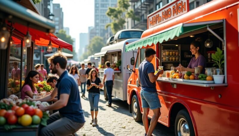 Des gens commandent à manger dans un food truck orange vif, garé dans une rue animée de la ville, bordée d'autres étals et food trucks. Au premier plan, on aperçoit des étals de fruits et légumes.
