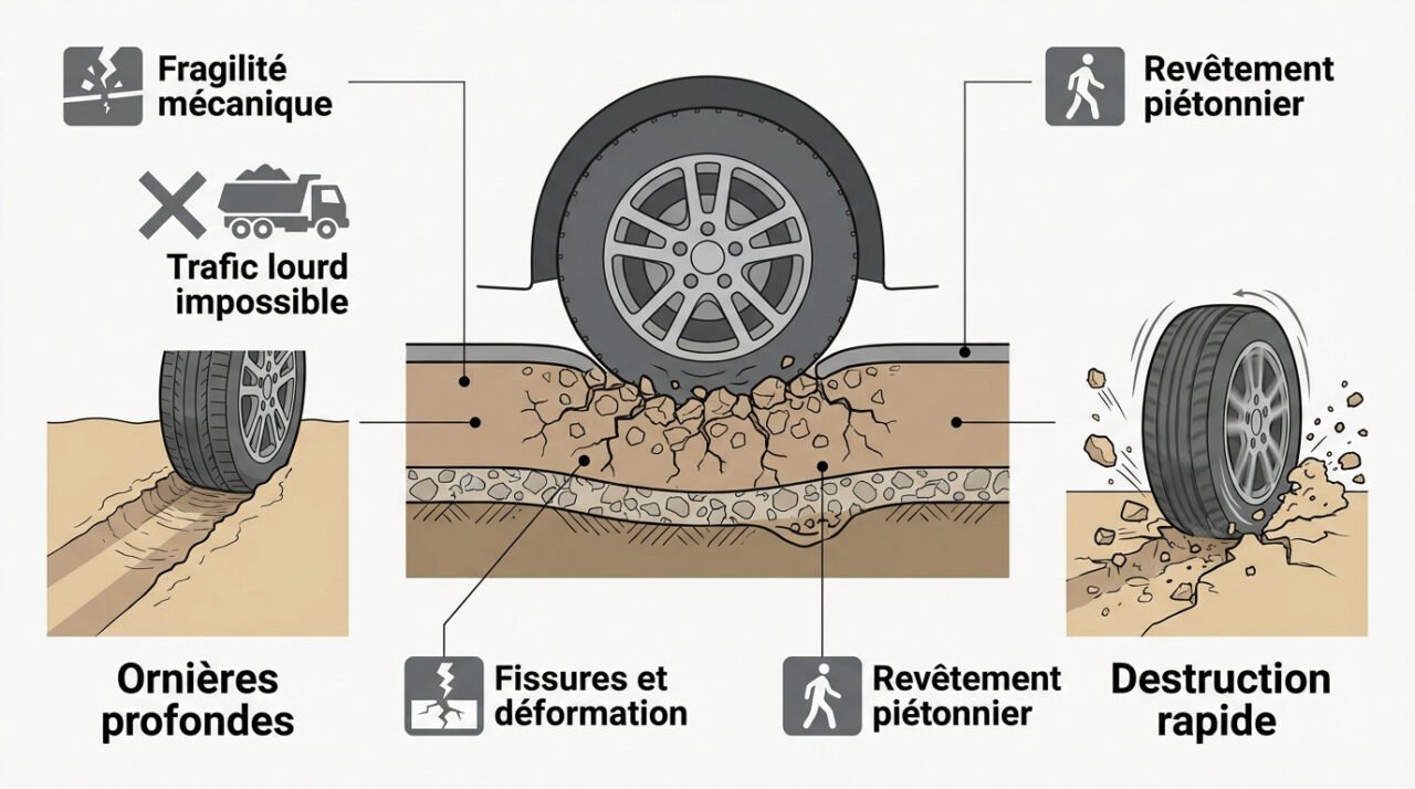 Déformation d'un sol en sable stabilisé sous le poids d'un véhicule