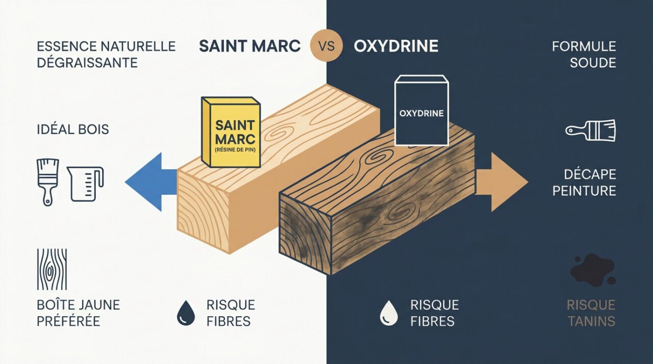 Comparaison entre la lessive Saint Marc résine de pin et l'Oxydrine pour le nettoyage du bois