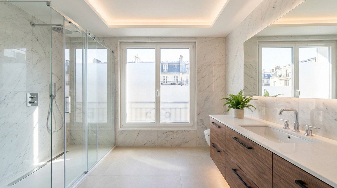 Salle de bains moderne avec de grandes fenêtres, une cabine de douche en verre, un meuble à double vasque avec des armoires en bois, des murs en marbre et une plante en pot sur le comptoir.