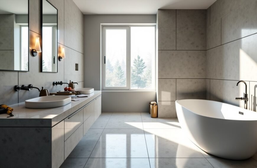 Salle de bains moderne avec grande fenêtre, baignoire autoportante, double lavabo, miroirs muraux et carrelage de couleur neutre. L'espace est baigné de lumière naturelle.
