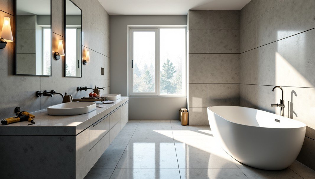 Salle de bains moderne avec grande fenêtre, baignoire autoportante, double lavabo, miroirs muraux et carrelage de couleur neutre. L'espace est baigné de lumière naturelle.