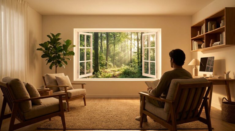 Un homme lisant dans un salon moderne face à une fausse fenêtre rétroéclairée montrant une forêt ensoleillée.
