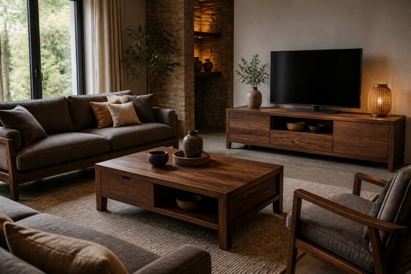 Salon chaleureux avec meuble TV en bois, canapé gris, table basse assortie et éclairage tamisé.