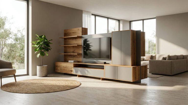 Un meuble TV modulaire élégant en bois et façades grises, disposé au centre d'un salon lumineux et contemporain.