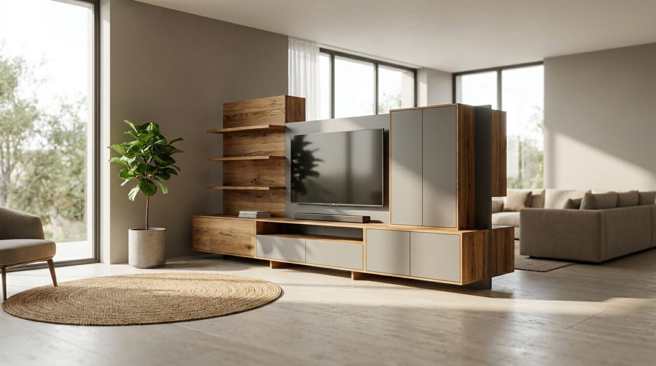 Un meuble TV modulaire élégant en bois et façades grises, disposé au centre d'un salon lumineux et contemporain.