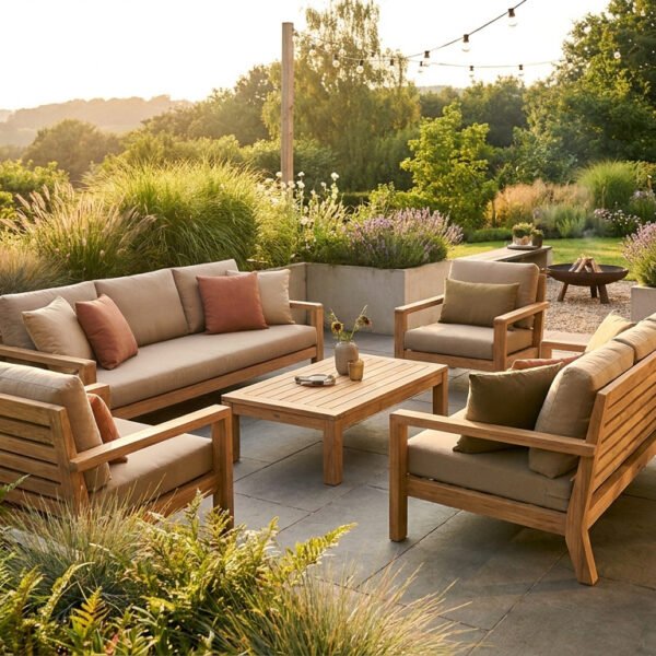 Salon de jardin en bois avec coussins beiges sur une terrasse ensoleillée entourée de fleurs et de verdure.