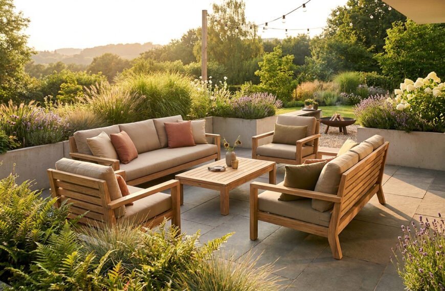 Salon de jardin en bois avec coussins beiges sur une terrasse ensoleillée entourée de fleurs et de verdure.
