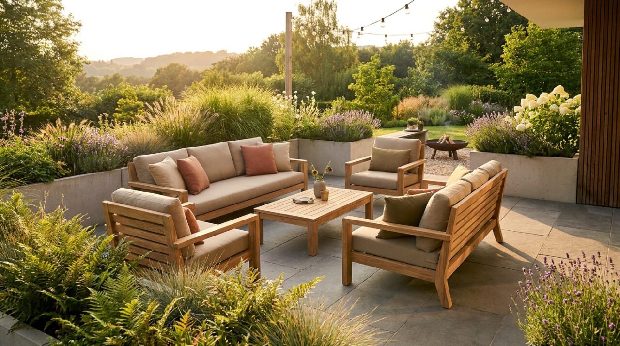 Salon de jardin en bois avec coussins beiges sur une terrasse ensoleillée entourée de fleurs et de verdure.