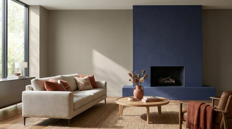 Salon moderne avec mur bleu profond, canapé beige, tapis en jute et touches terracotta chaleureuses.