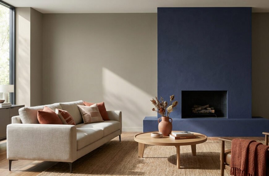 Salon moderne avec mur bleu profond, canapé beige, tapis en jute et touches terracotta chaleureuses.