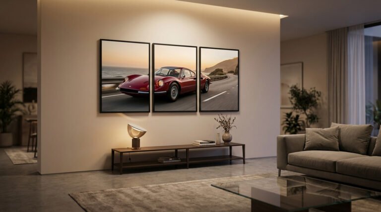 Triptyque de trois cadres noirs affichant une voiture de sport rouge rétro sur une route côtière dans un salon élégant.