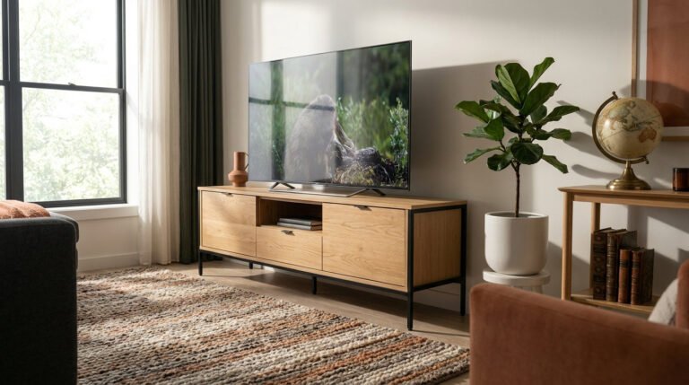 Meuble TV en bois clair avec structure en métal noir, installé dans un salon lumineux au style contemporain.