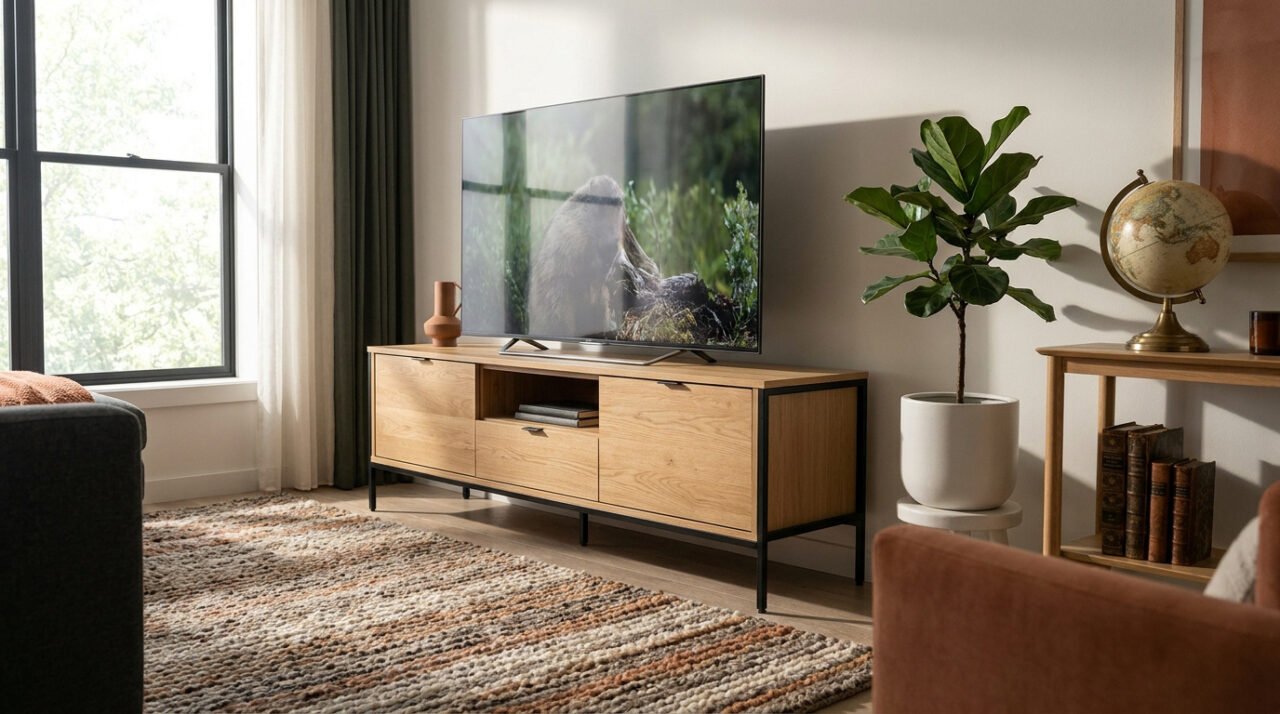 Meuble TV en bois clair avec structure en métal noir, installé dans un salon lumineux au style contemporain.