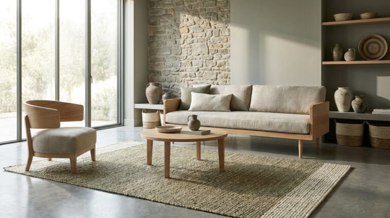 Salon épuré avec canapé en bois clair, mur en pierre et tapis texturé dans une lumière douce.