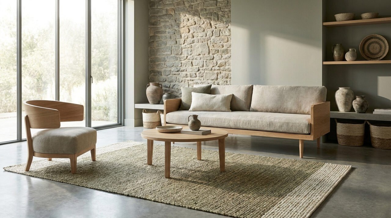 Salon épuré avec canapé en bois clair, mur en pierre et tapis texturé dans une lumière douce.