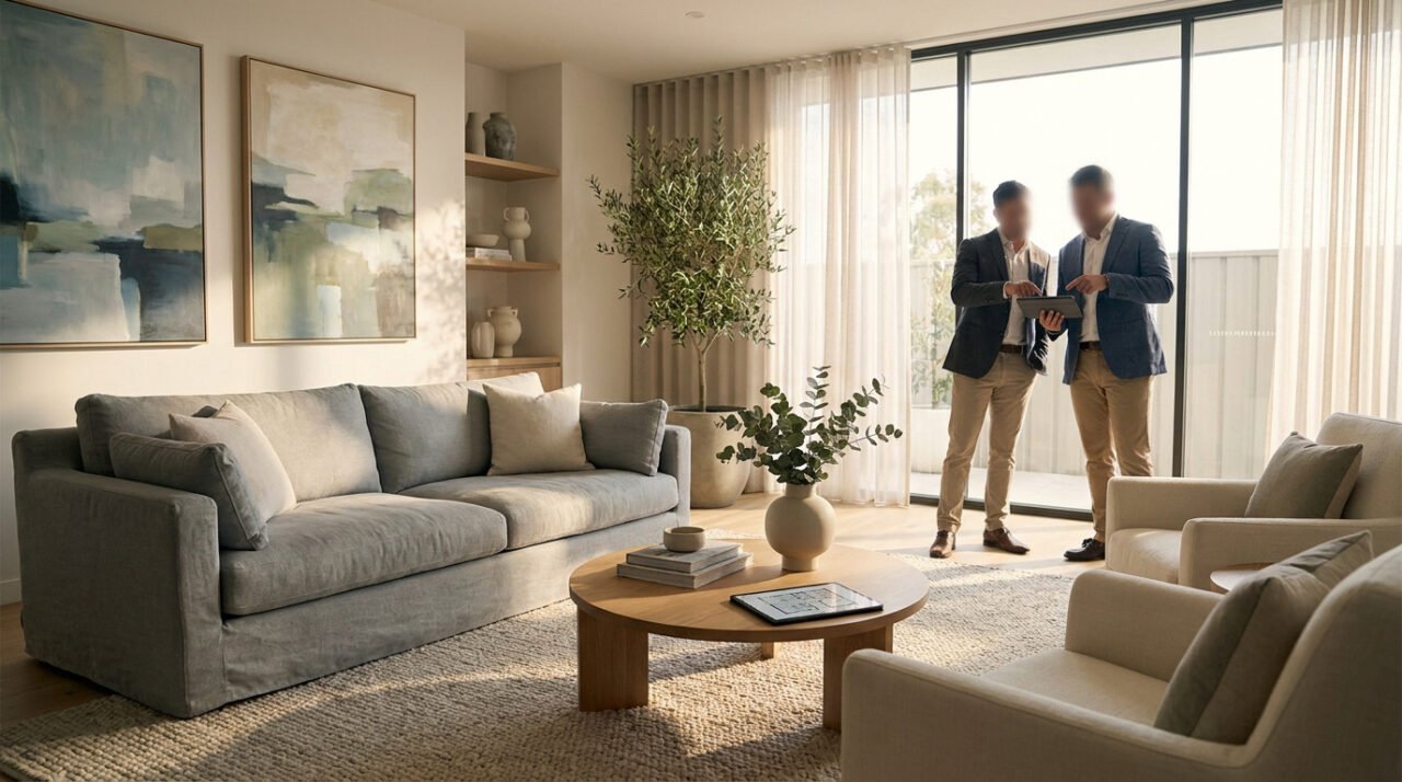 Deux professionnels du home staging discutant dans un salon moderne et lumineux décoré avec soin.