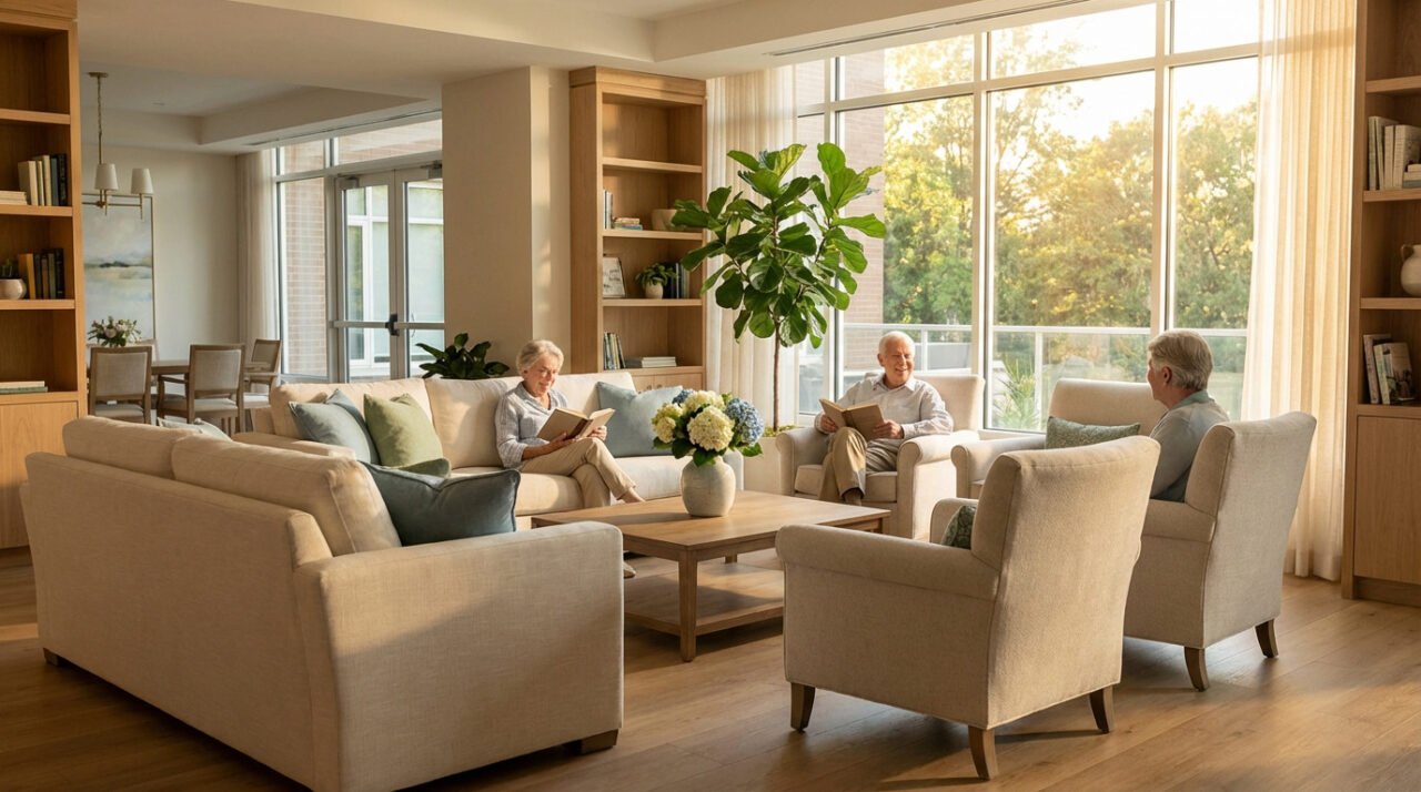 Quatre seniors se détendent en lisant dans le salon lumineux d'une résidence, avec grandes fenêtres donnant sur des arbres.
