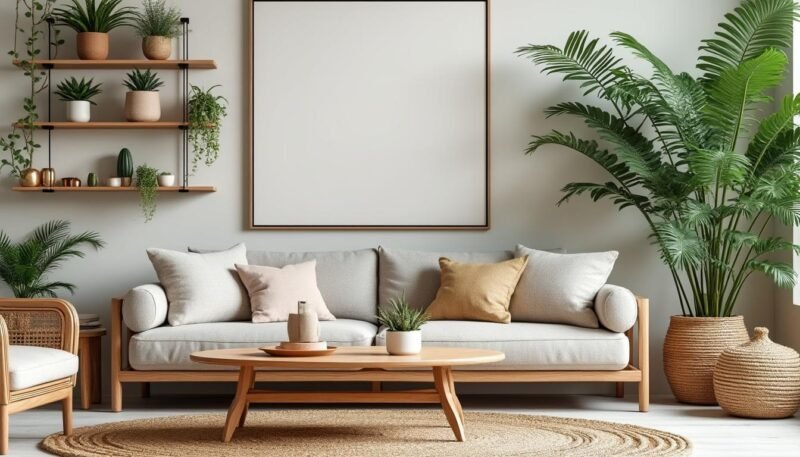 Salon moderne avec un canapé beige, des coussins assortis de couleur terre, une table basse en bois, des plantes en pot, des étagères murales et un grand cadre vide sur le mur.