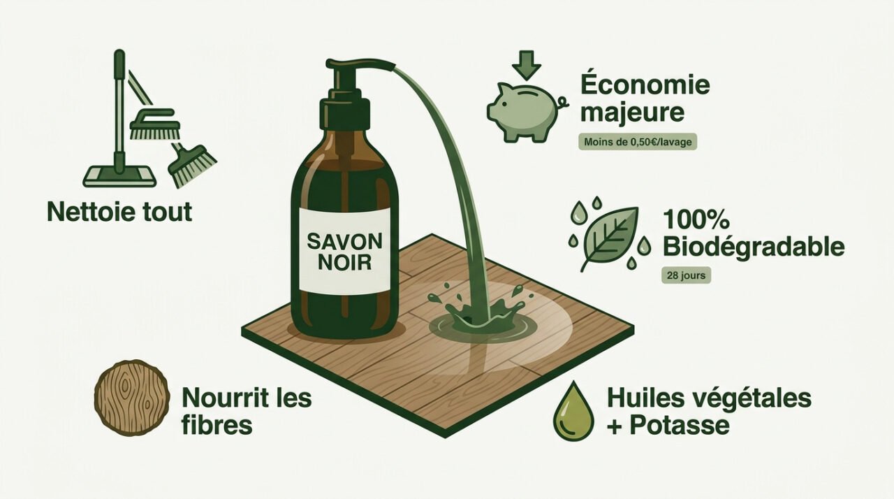 Bouteille de savon noir naturel pour l'entretien écologique du parquet