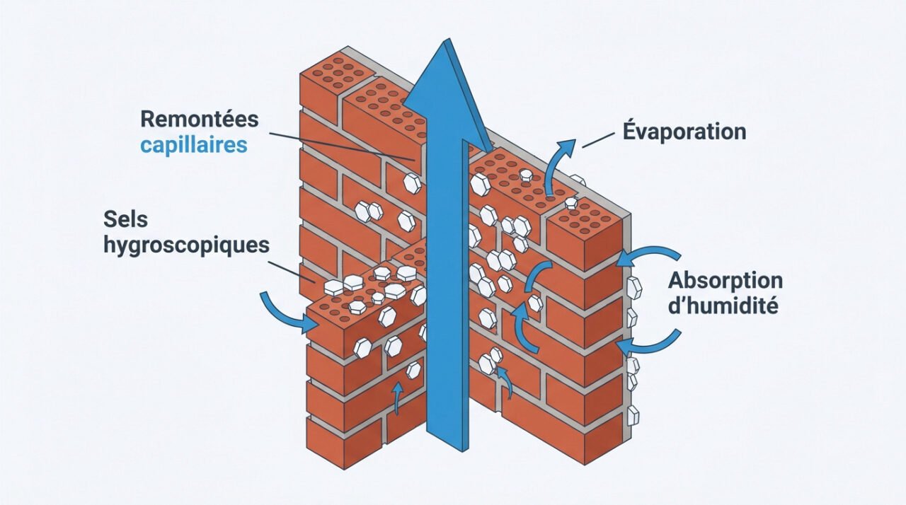 Schéma expliquant le phénomène des remontées capillaires et du transport de sels dans un mur poreux