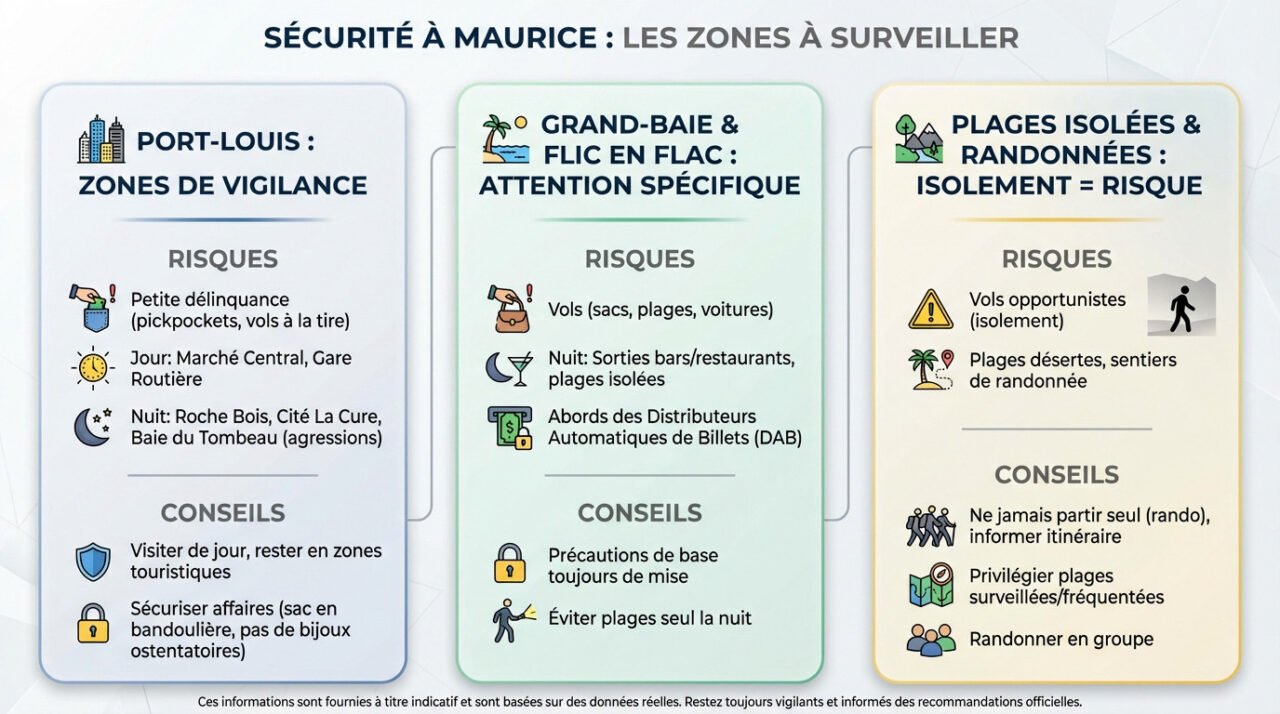 Panneau de signalisation et vue urbaine illustrant les zones de vigilance à l'île Maurice