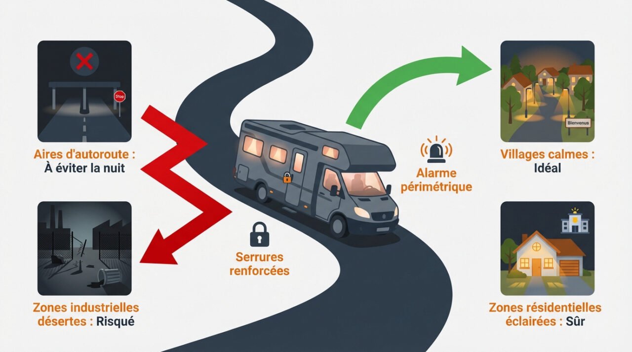 Camping-car stationné prudemment pour la nuit en zone sécurisée