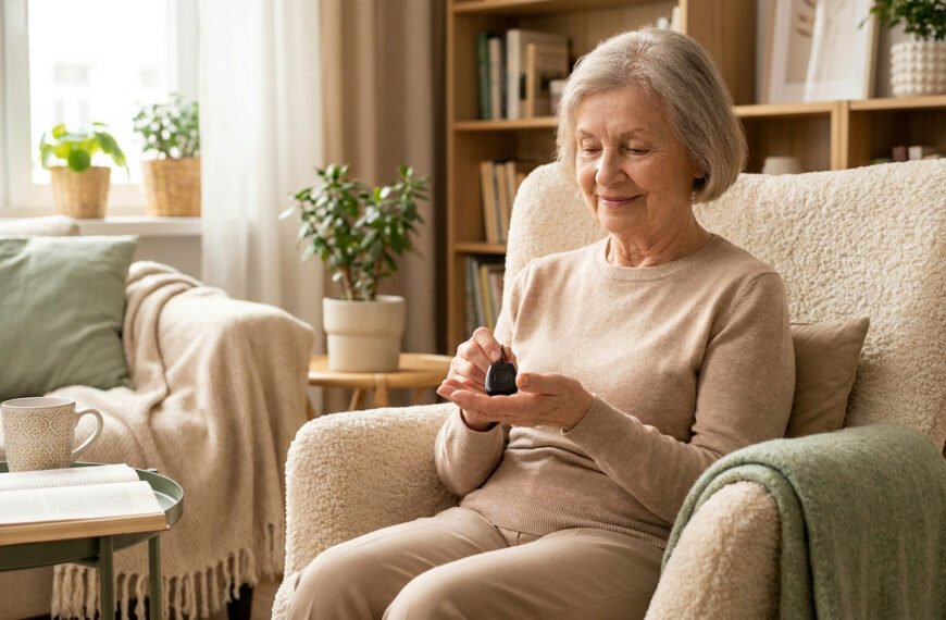 Une femme âgée souriante tient une télécommande d'assistance dans un salon confortable, symbolisant la sécurité à domicile.