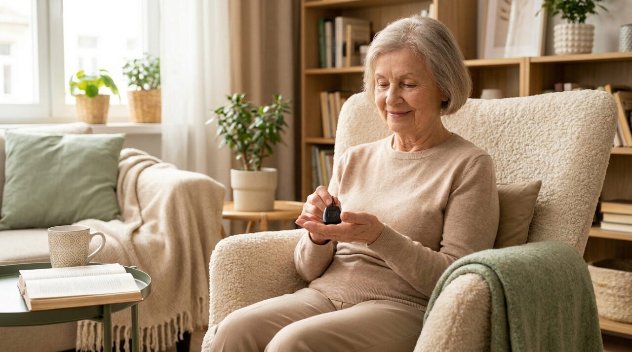 Une femme âgée souriante tient une télécommande d'assistance dans un salon confortable, symbolisant la sécurité à domicile.