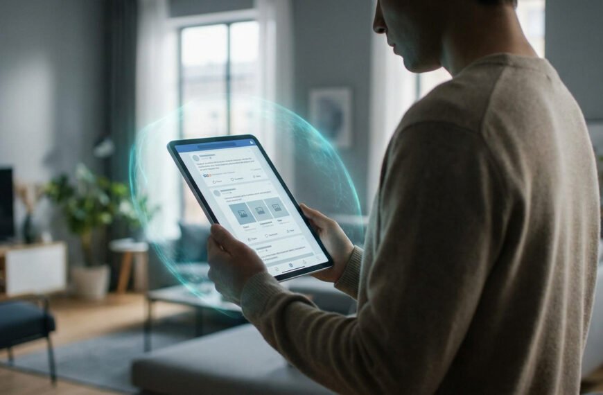 Une personne tient une tablette affichant un fil de réseau social, entourée d'un bouclier numérique bleu symbolisant la protection de la vie privée.