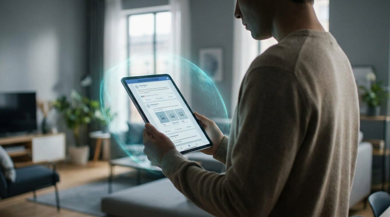 Une personne tient une tablette affichant un fil de réseau social, entourée d'un bouclier numérique bleu symbolisant la protection de la vie privée.