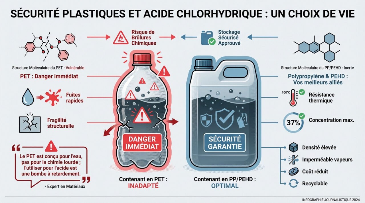 Stockage sécurisé d'acide chlorhydrique dans des bidons en plastique résistant