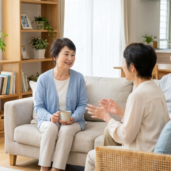Trois personnes âgées sont assises sur un canapé dans un salon lumineux, engagées dans une conversation, l'une d'entre elles tenant une tasse. L'espace est décoré de plantes et d'étagères.