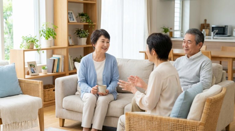 Trois personnes âgées sont assises sur un canapé dans un salon lumineux, engagées dans une conversation, l'une d'entre elles tenant une tasse. L'espace est décoré de plantes et d'étagères.