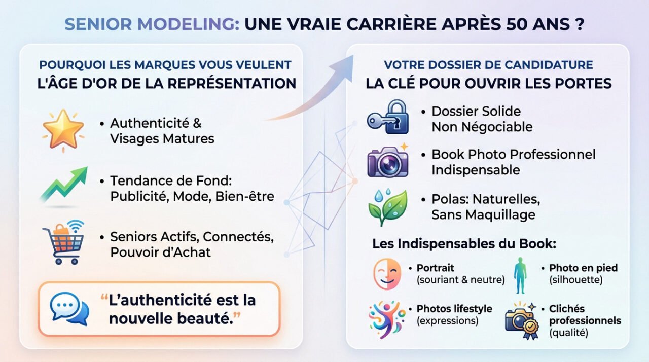 Femme senior élégante et souriante débutant une carrière de mannequinat après 50 ans