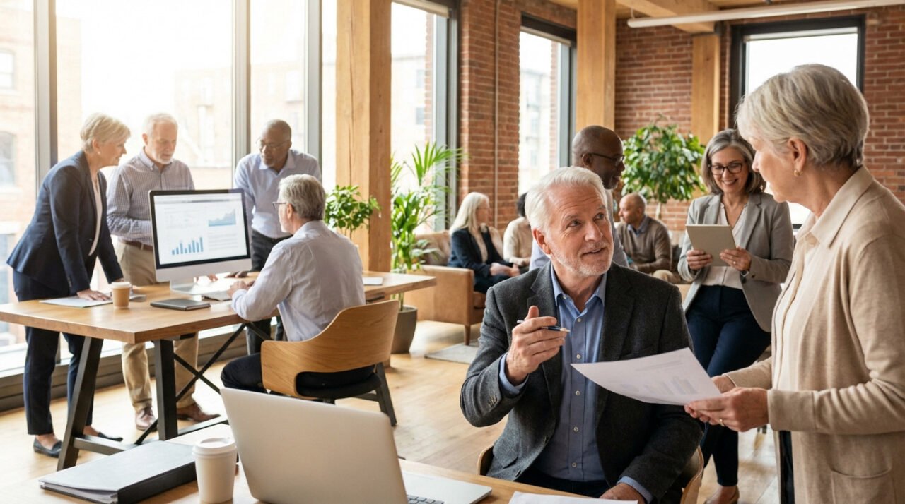 Groupe de professionnels seniors diversifiés travaillant et discutant dans un bureau moderne et lumineux. Ils échangent des documents et consultent des écrans.