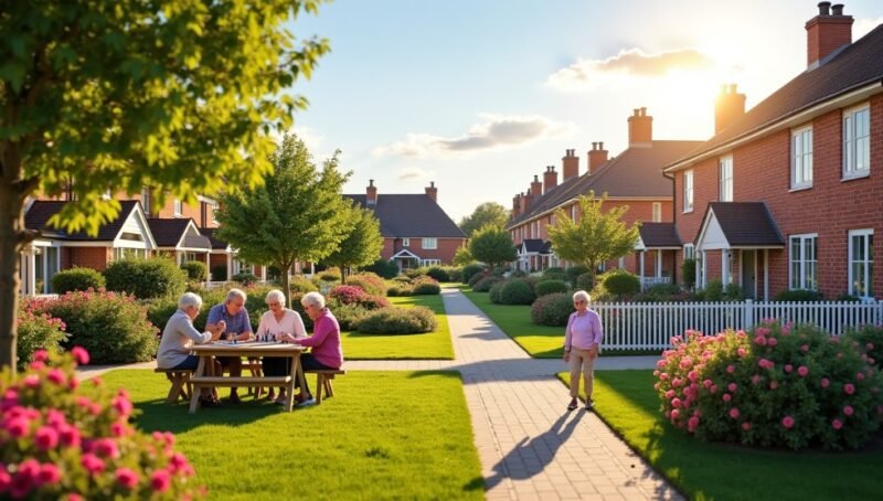 Quatre personnes âgées sont assises à une table de pique-nique sur une pelouse verte dans un quartier de banlieue, tandis qu'une autre personne se promène à proximité. Des maisons en briques rouges et des buissons soigneusement taillés bordent le trottoir.