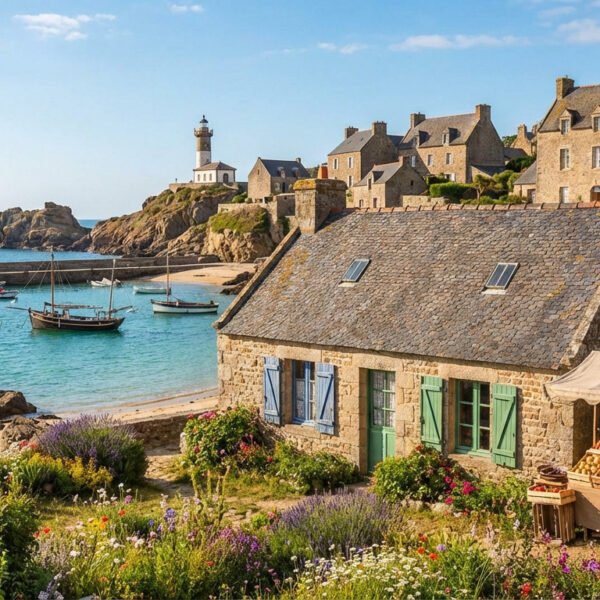 Photo of a charming French coastal village with a stone house, vibrant garden, market stall, tranquil sea, fishing boats, and lighthouse.