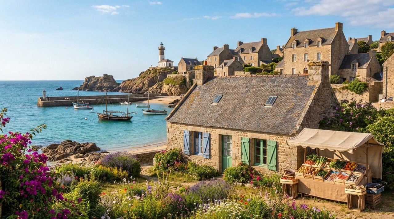 Photo of a charming French coastal village with a stone house, vibrant garden, market stall, tranquil sea, fishing boats, and lighthouse.